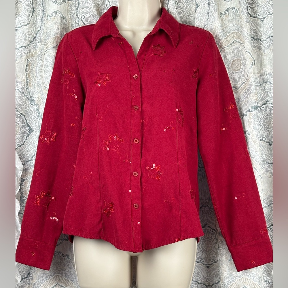 Keren Hart Festive Ruby Red Sequin Button-Down Woman's Shirt Sm
